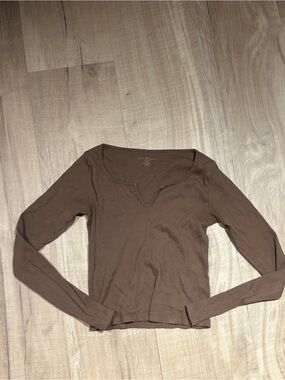 Brandy Melville Brown Ribbed Long Sleeve Notch Top